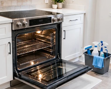 Spotless kitchen with a freshly cleaned oven open after a deep clean