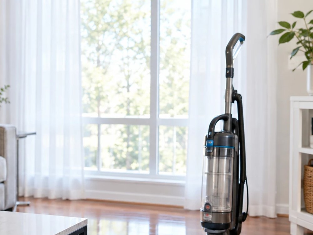 Bright, freshly cleaned living room with sunlight through the window and a vacuum on the rug
