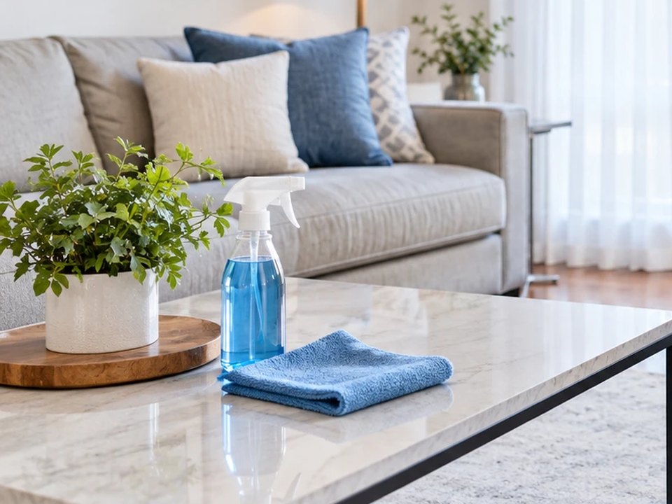 Bright, tidy living room with a vacuum ready on the rug and cleaning supplies on the coffee table