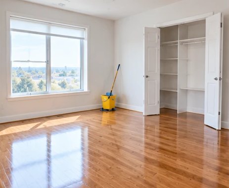 Empty apartment with polished hardwood floors and wiped-down closet shelves