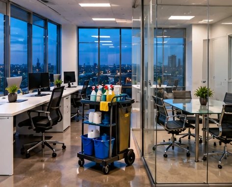Modern office cleaned after hours with a janitorial cart in the aisle