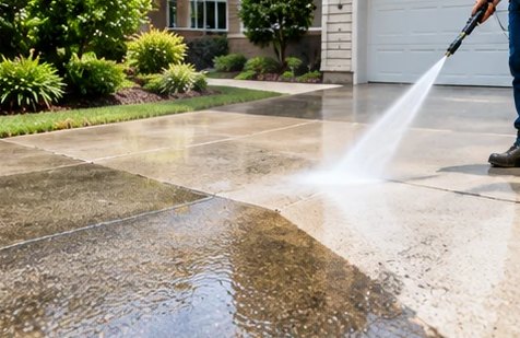 Driveway being pressure washed, clean stripe against old concrete
