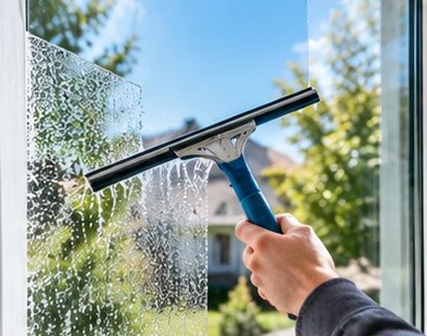 Squeegee leaving a streak-free stripe across a residential window